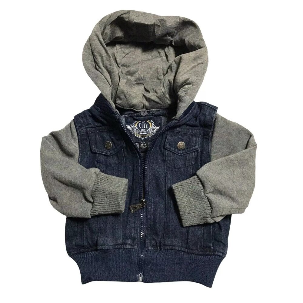 Urban Republic Baby‎ Boy's Fashion Denim Bomber Jacket Size 18M Blue/Gray Hooded